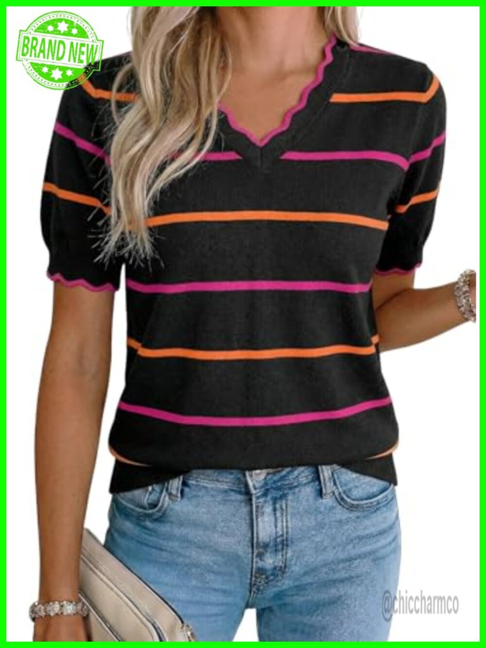 Womens Short Sleeve Knit Sweater Blouse Striped V-Neck Pullover Top